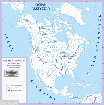 Mapa Fizyczna Świata - hydrografia (rzeki i jeziora) - konturowa, z samymi podpisami rzek i jezior - Ameryka Północna