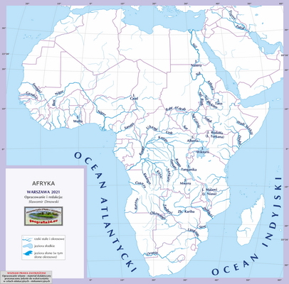 Mapa Fizyczna Świata - hydrografia (rzeki i jeziora) - konturowa, z samymi podpisami rzek i jezior - Afryka