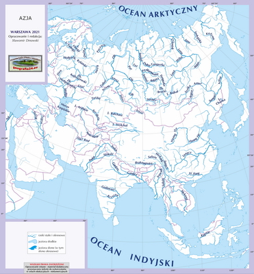 Mapa Fizyczna Świata - hydrografia (rzeki i jeziora) - konturowa, z samymi podpisami rzek i jezior - Azja