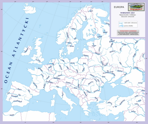 Mapa Fizyczna Świata - hydrografia (rzeki i jeziora) - konturowa, z samymi podpisami rzek i jezior - Europa