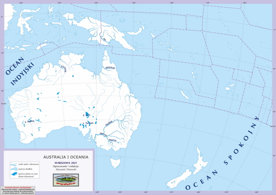 Mapa Fizyczna Świata - hydrografia (rzeki i jeziora) - konturowa, z samymi podpisami rzek i jezior - Australia i Oceania