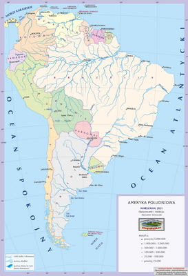 Mapa Fizyczna Świata - mapa miast - z podkładem politycznym, nazwami miast i państw oraz innymi wybranymi obiektami geograficznymi - Ameryka Południowa