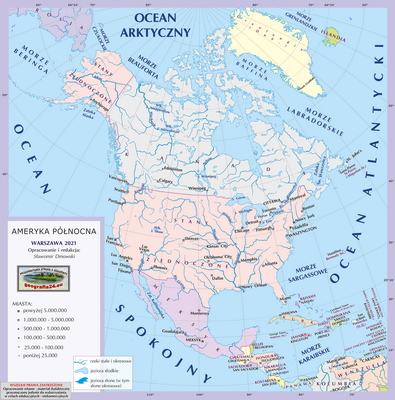 Mapa Fizyczna Świata - mapa miast - z podkładem politycznym, nazwami miast i państw oraz innymi wybranymi obiektami geograficznymi - Ameryka Północna