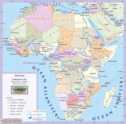 Mapa Fizyczna Świata - mapa miast - z podkładem politycznym, nazwami miast i państw oraz innymi wybranymi obiektami geograficznymi - Afryka