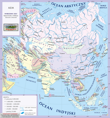 Mapa Fizyczna Świata - mapa miast - z podkładem politycznym, nazwami miast i państw oraz innymi wybranymi obiektami geograficznymi - Azja