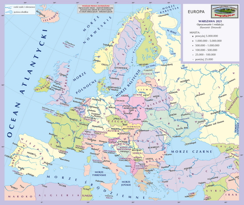 Mapa Fizyczna Świata - mapa miast - z podkładem politycznym, nazwami miast i państw oraz innymi wybranymi obiektami geograficznymi - Europa