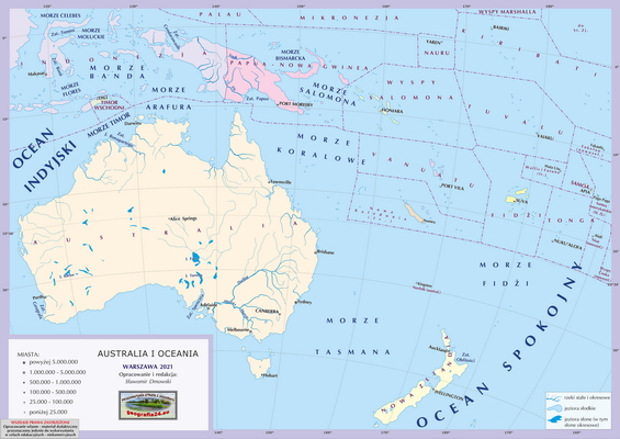 Mapa Fizyczna Świata - mapa miast - z podkładem politycznym, nazwami miast i państw oraz innymi wybranymi obiektami geograficznymi - Australia i Oceania