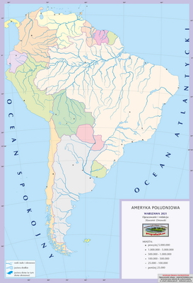 Mapa Fizyczna Świata - mapa miast - z podkładem politycznym, ćwiczeniowa z lokalizacją miast - Ameryka Południowa