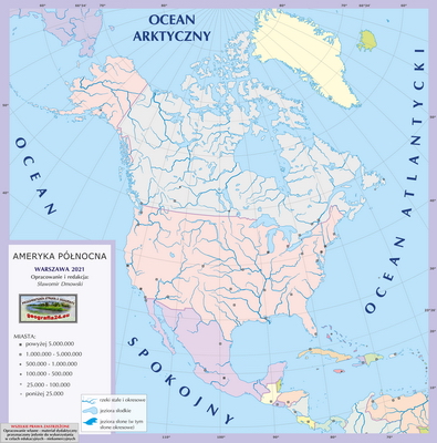 Mapa Fizyczna Świata - mapa miast - z podkładem politycznym, ćwiczeniowa z lokalizacją miast - Ameryka Północna