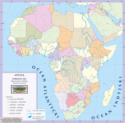 Mapa Fizyczna Świata - mapa miast - z podkładem politycznym, ćwiczeniowa z lokalizacją miast - Afryka