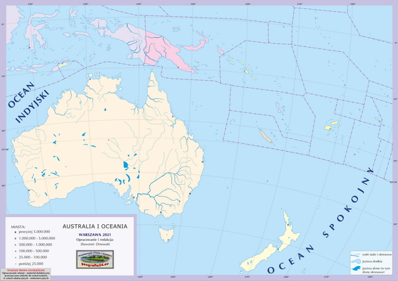 Mapa Fizyczna Świata - mapa miast - z podkładem politycznym, ćwiczeniowa z lokalizacją miast - Australia i Oceania