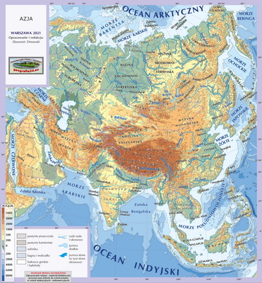 Mapa Fizyczna Świata - wersja dla uczniów z poziomu podstawowego (A4) - Azja