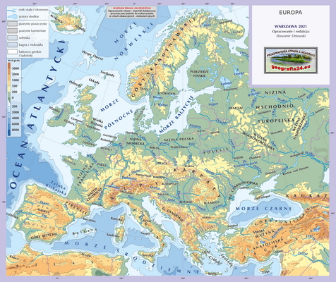 Mapa Fizyczna Świata - wersja dla uczniów z poziomu podstawowego (A4) - Europa