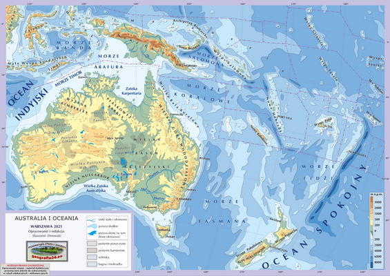 Mapa Fizyczna Świata - wersja dla uczniów z poziomu podstawowego (A4) - Australia i Oceania