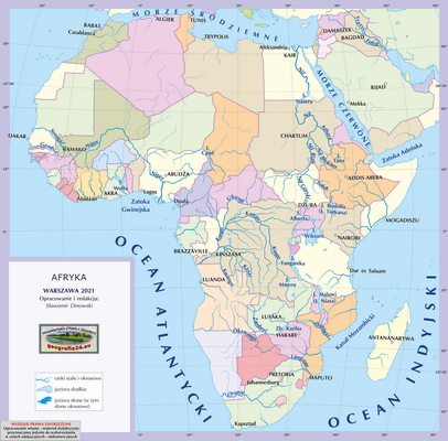 Mapa Fizyczna Świata - wersja dla uczniów z poziomu podstawowego (A4) - polityczna - Afryka