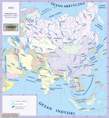 Mapa Fizyczna Świata - wersja dla uczniów z poziomu podstawowego (A4) - polityczna - Azja