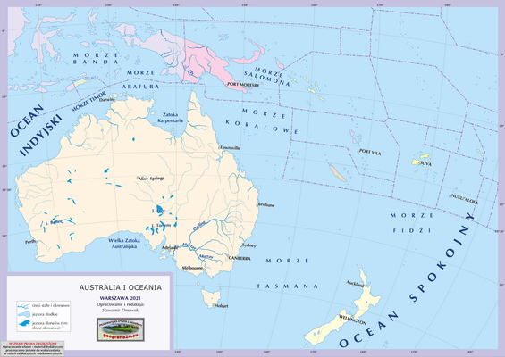 Mapa Fizyczna Świata - wersja dla uczniów z poziomu podstawowego (A4) - polityczna - Australia i Oceania