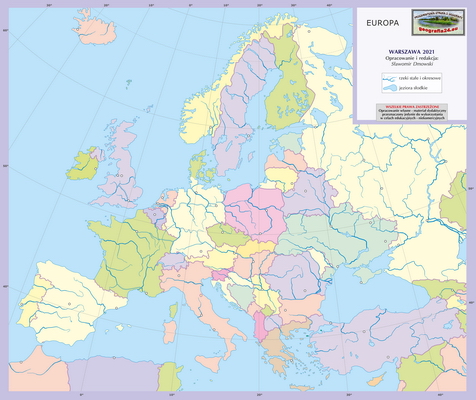 Mapa Fizyczna Świata - wersja dla uczniów z poziomu podstawowego (A4) - polityczna ćwiczebna - Europa