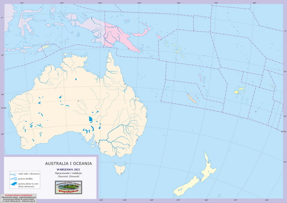 Mapa Fizyczna Świata - wersja dla uczniów z poziomu podstawowego (A4) - polityczna ćwiczebna - Australia i Oceania