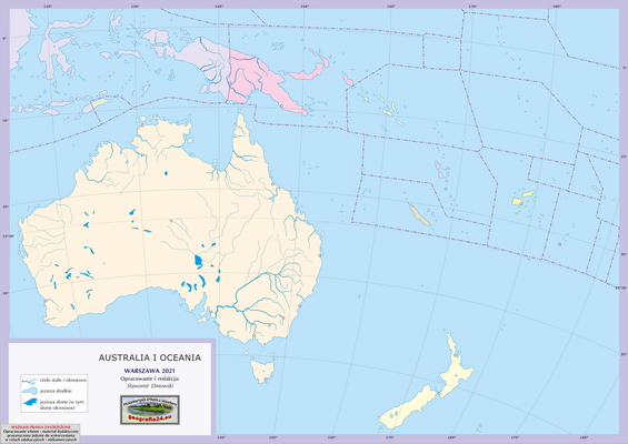 Mapa Fizyczna Świata - wersja dla uczniów z poziomu podstawowego (A4) - polityczna ćwiczebna - Australia i Oceania