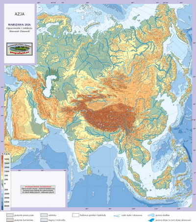 Mapa Fizyczna Świata - ćwiczebna, konturowa - hipsometria - Azja