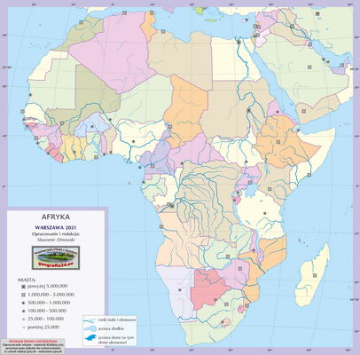 Mapa polityczna świata - Afryka - mapa konturowa z kolorowymi powierzchniami państw