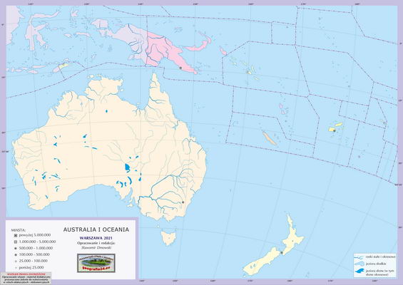 Mapa polityczna świata - Australia i Oceania - mapa konturowa z kolorowymi powierzchniami państw