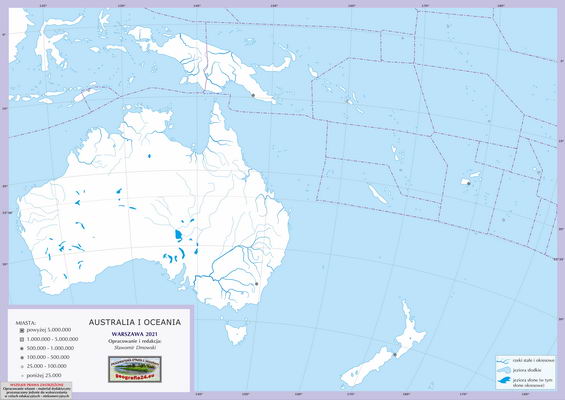 Mapa polityczna świata - Australia i Oceania - mapa konturowa z białymi powierzchniami państw