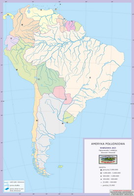 Mapa polityczna świata - Ameryka Południowa - mapa konturowa z kolorowymi powierzchniami państw