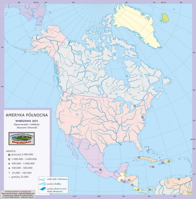 Mapa polityczna świata - Ameryka Północna - mapa konturowa z kolorowymi powierzchniami państw