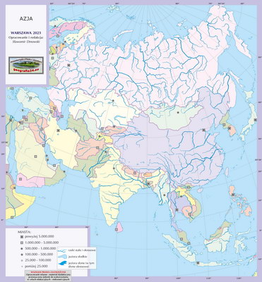 Mapa polityczna świata - Azja - mapa konturowa z kolorowymi powierzchniami państw