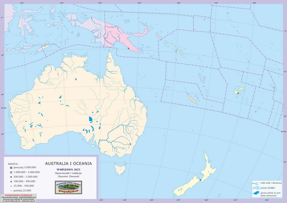 Mapa polityczna świata - Australia i Oceania - mapa konturowa z kolorowymi powierzchniami państw