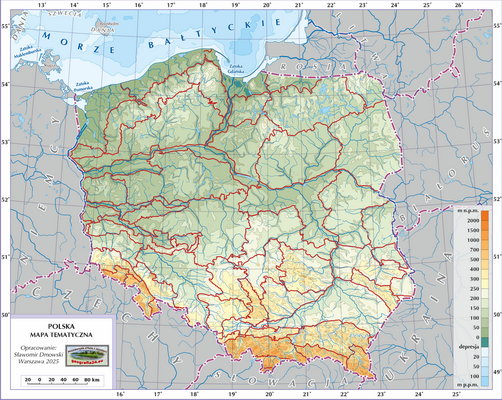 Mapa Polski - makroregiony fizycznogeograficzne (wersja z podkładem fizycznym Polski - bez podpisów obiektów)