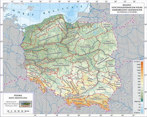 Mapa Polski - makroregiony fizycznogeograficzne (wersja z podkładem fizycznym Polski - z podpisami obiektów)