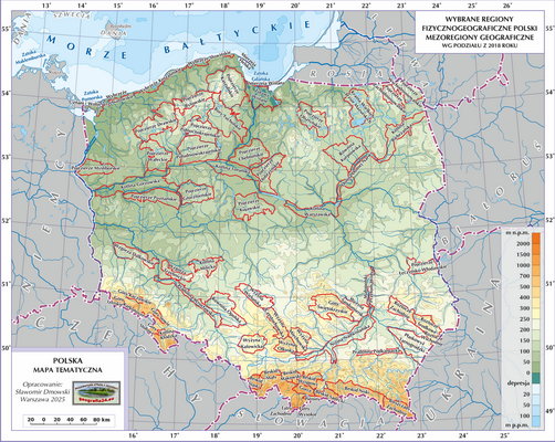 Mapa Polski - mezoregiony fizycznogeograficzne (wersja z podkładem fizycznym Polski - z podpisami obiektów)