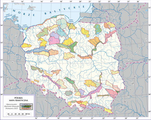 Mapa Polski - mezoregiony fizycznogeograficzne (wersja z powierzchniami krain - bez podpisów obiektów)