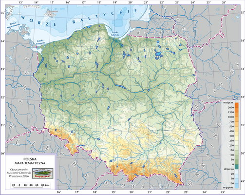 Mapa Polski - Hydrografia Polski - jeziora (wersja bez podpisów obiektów oraz z podkładem fizycznym)