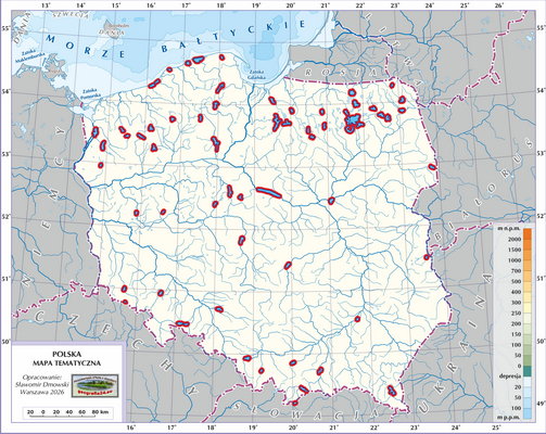 Mapa Polski - Hydrografia Polski - jeziora (wersja bez podpisów obiektów oraz ze wskazanymi na czerwono jeziorami do nauki)