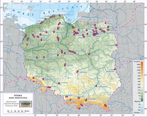 Mapa Polski - Hydrografia Polski - jeziora (wersja z podpisami i podkładem fizycznym i wskazanymi na czerwono jeziorami do nauki)