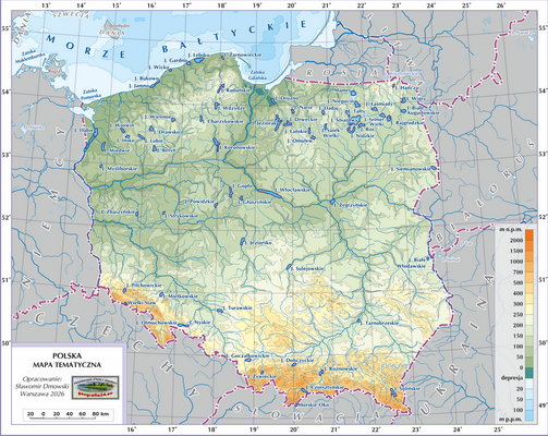Mapa Polski - Hydrografia Polski - jeziora (wersja z podpisami i podkładem fizycznym)