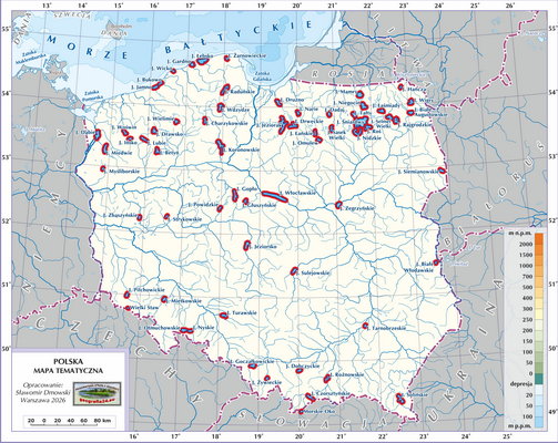 Mapa Polski - Hydrografia Polski - jeziora (wersja z podpisami i ze wskazanymi na czerwono jeziorami do nauki)