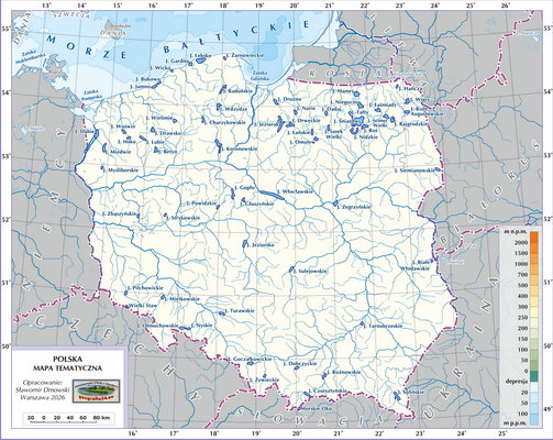 Mapa Polski - Hydrografia Polski - jeziora (wersja z podpisami)