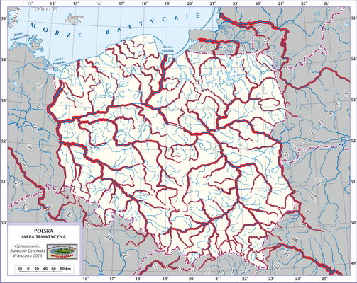 Mapa Polski - Hydrografia Polski - rzeki (wersja bez podpisów obiektów oraz ze wskazanymi na czerwono rzekami do nauki)