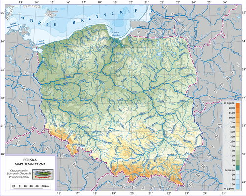Mapa Polski - Hydrografia Polski - rzeki (wersja z podpisami i podkładem fizycznym)