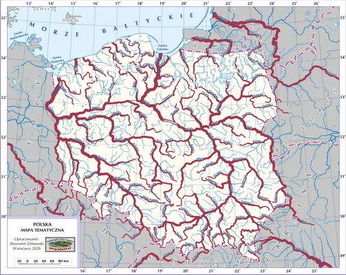 Mapa Polski - Hydrografia Polski - rzeki (wersja z podpisami i ze wskazanymi na czerwono rzekami do nauki)