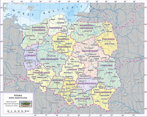 Mapa Polski - Mapa administracyjna Polski (wersja z powierzchniami województw - z podpisami obiektów - województw i miast)