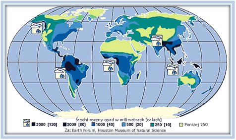 roczne opady na świecie (milimetry i cale)